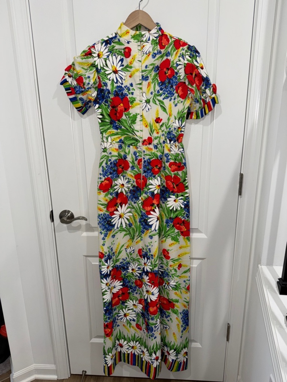 Vintage Emma Domb Maxi Dress - 1960s Rainbow Bright Daisy Floral Border- Small - Picture 7 of 9